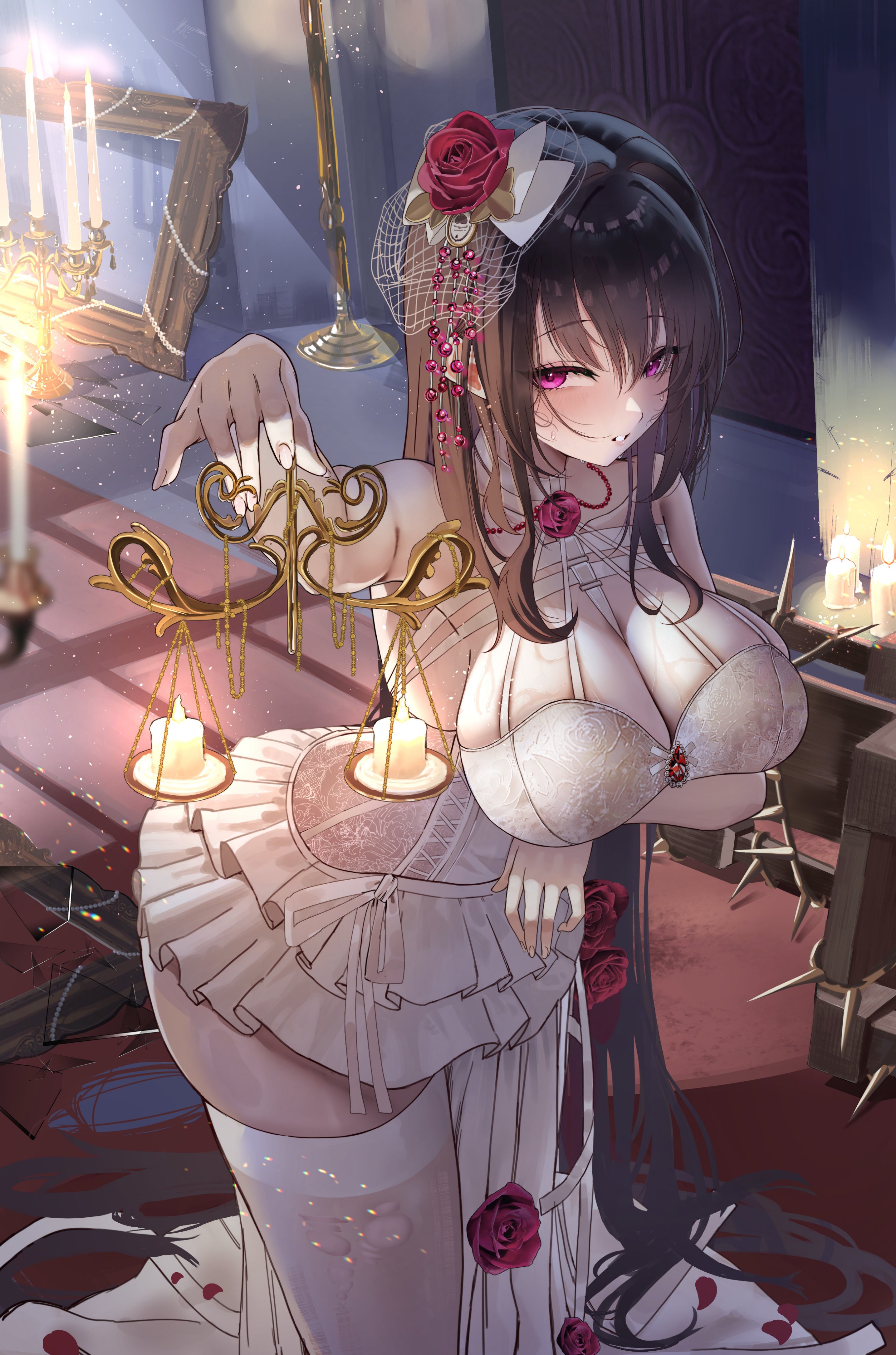 1girl absurdres arm_under_breasts between_breasts black_hair bow breasts broken_glass broken_mirror candle dress flower glass goddess_of_victory:_nikke hair_bow hair_flower hair_ornament highres large_breasts long_hair mihara_(nikke) mirror purple_eyes red_brooch red_flower red_rose rose rossy_(yowayowachimpo) solo sweat thighhighs weighing_scale white_bow white_dress