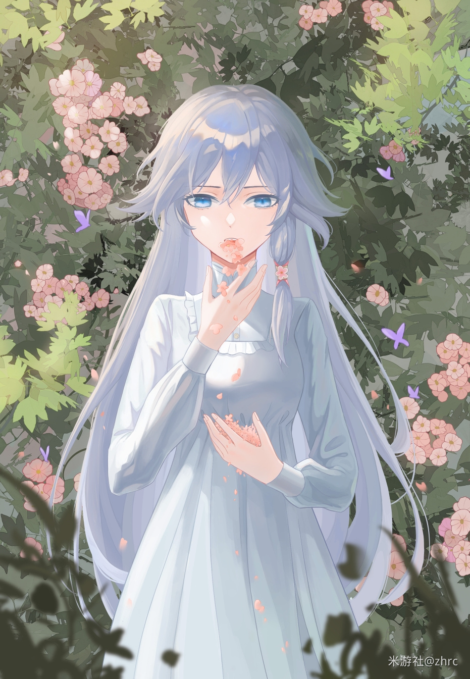 1girl black_hair blue_eyes bug butterfly coughing_flowers crossed_bangs dress flower fu_hua grass hair_between_eyes highres holding holding_flower honkai_(series) honkai_impact_3rd in_mouth insect long_hair long_sleeves looking_at_object looking_down open_mouth pink_flower purple_butterfly solo very_long_hair white_dress zhrc