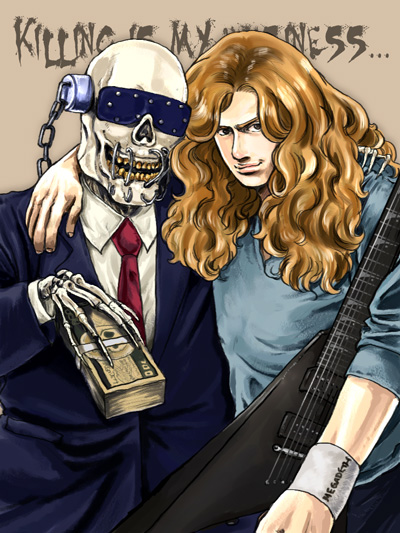 2010 2boys blue_shirt bracelet business_suit chain closed_mouth dave_mustaine electric_guitar english_text formal_clothes gibson_flying_v guitar hand_on_another&#039;s_shoulder heavy_metal instrument jewelry long_hair looking_at_viewer megadeth metal money multiple_boys open_mouth red_hair shirt skeletal_arm skeleton skull smile smug suit vic_rattlehead