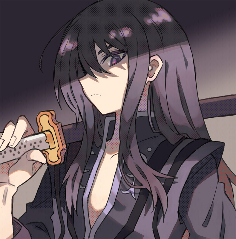 1boy bishounen black_hair closed_mouth commentary long_hair looking_at_viewer male_focus ozma16 portrait profile purple_eyes purple_hair serious sidelighting simple_background solo surcoat sword tales_of_(series) tales_of_vesperia weapon yuri_lowell