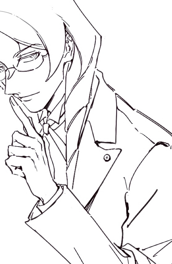 1boy ace_attorney apollo_justice:_ace_attorney closed_mouth collared_shirt glasses index_finger_raised jacket kristoph_gavin lapel_pin lapels lineart long_hair looking_at_viewer male_focus neck_ribbon out_of_frame phoenix_wright ribbon ringo_orihara shirt sketch suit_jacket swept_bangs upper_body white_background