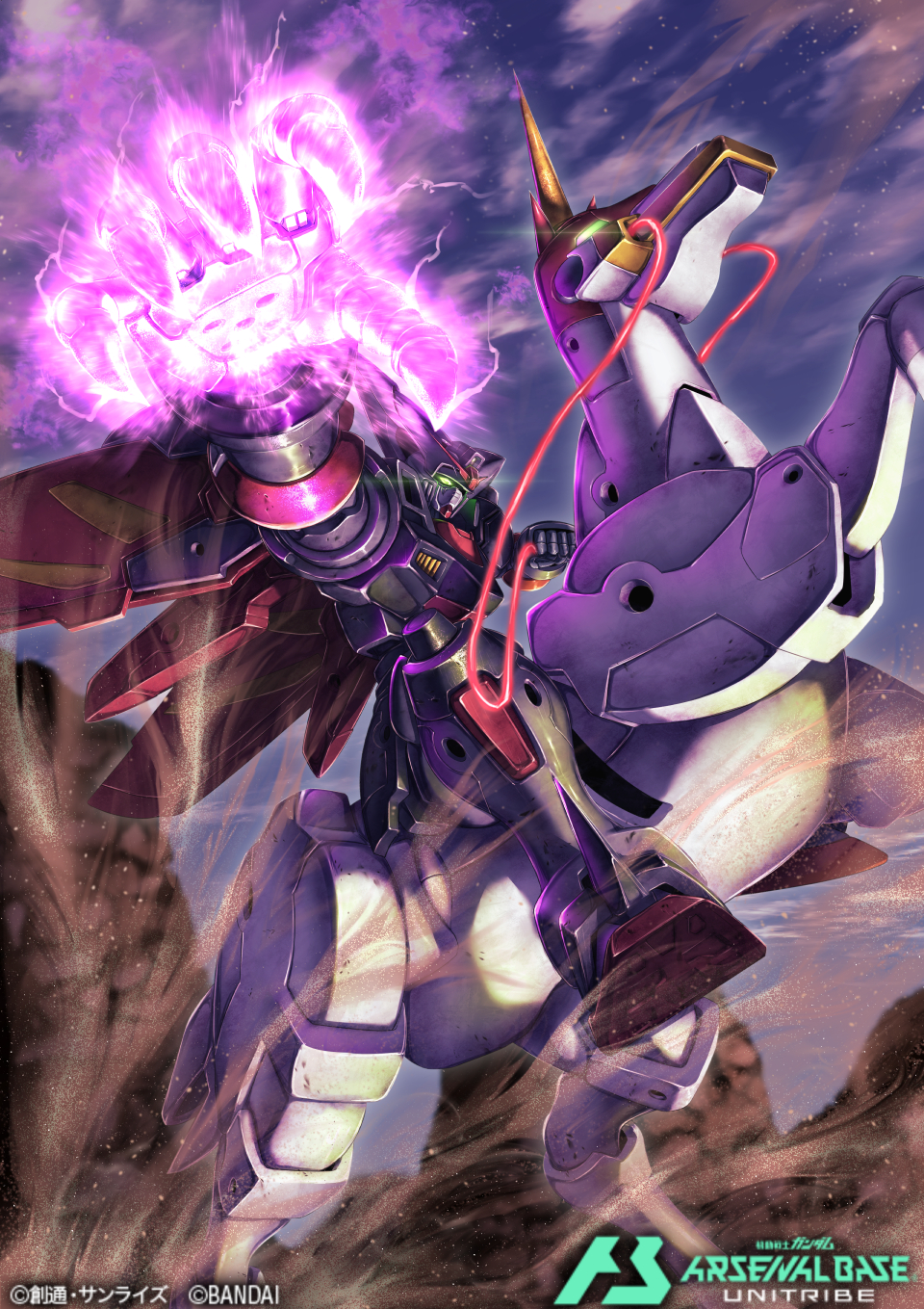 commentary_request copyright_name fuunsaiki g_gundam glowing glowing_hand green_eyes gundam gundam_arsenal_base highres holding holding_reins horse horseback_riding master_gundam mecha mecha_focus night no_humans official_art outdoors outstretched_arm reins riding robot science_fiction shining_finger soezy solo super_robot v-fin