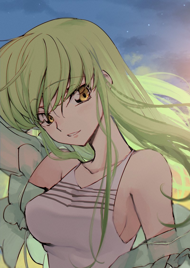 1girl bare_shoulders breasts c.c. closed_mouth code_geass collarbone creayus dress eyebrows_hidden_by_hair green_hair hair_between_eyes hand_up large_breasts long_hair looking_at_viewer parted_lips shirt sideboob sky smile solo upper_body white_dress white_shirt yellow_eyes