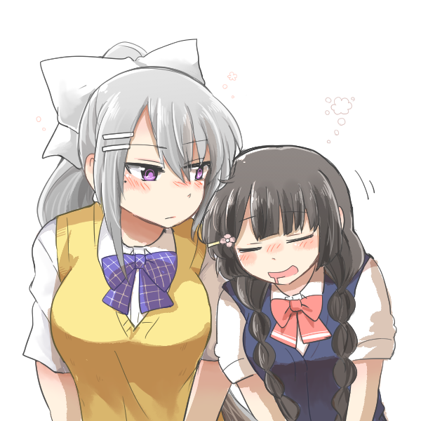 2girls :d blush_stickers bow breasts cardigan_vest closed_eyes closed_mouth collared_shirt dress_shirt drooling grey_hair hair_between_eyes hair_bow hair_ornament hairclip higuchi_kaede higuchi_kaede_(3rd_costume) leaning_on_person leaning_to_the_side medium_breasts mole mole_under_eye mouth_drool multiple_girls nijisanji open_mouth pink_bow ponytail purple_bow purple_eyes rebecca_(keinelove) school_uniform shirt simple_background smile sweater_vest tsukino_mito tsukino_mito_(summer_uniform) upper_body virtual_youtuber white_background white_bow white_shirt