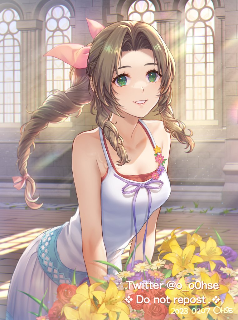 1girl aerith_gainsborough architecture bare_shoulders braid braided_ponytail breasts brown_hair bushel cathedral church commentary commentary_request crisis_core_final_fantasy_vii day dress final_fantasy final_fantasy_vii flower gothic_architecture green_eyes hair_ribbon happy_birthday indoors light_rays lily_(flower) long_hair looking_at_viewer medium_breasts ohse pink_ribbon ribbon rose short_sleeves smile solo stained_glass sunbeam sunlight teeth white_dress window yellow_flower