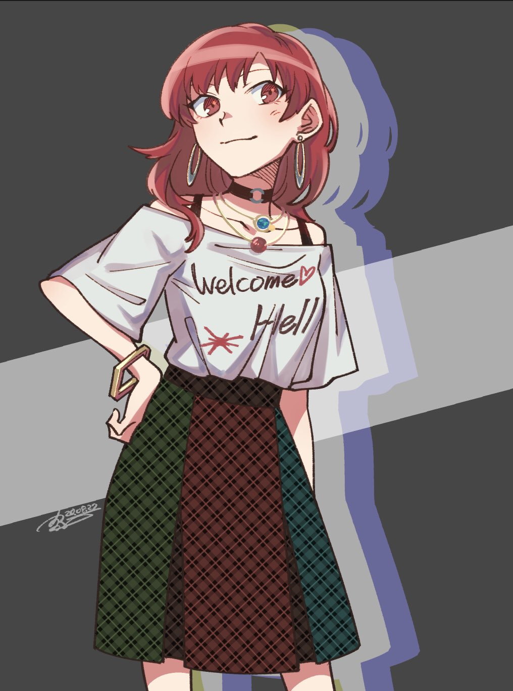 1girl bare_shoulders black_choker blue_skirt bracelet choker closed_mouth clothes_writing duplicate earrings green_skirt grey_background hand_on_own_hip heart heart_print hecatia_lapislazuli highres holding jewelry looking_to_the_side medium_hair multicolored_skirt no_headwear off_shoulder red_eyes red_hair red_skirt shikido_(khf) shirt short_sleeves skirt smile solo standing t-shirt touhou white_shirt