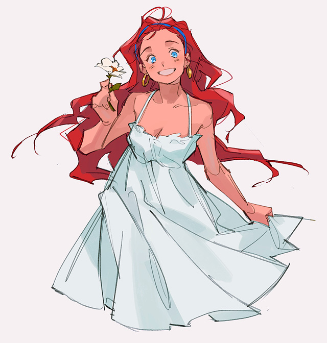 1girl blue_eyes blue_hairband blush commentary dress earrings english_commentary flower hairband holding holding_flower jewelry long_hair loveariddle original red_hair simple_background smile solo white_background