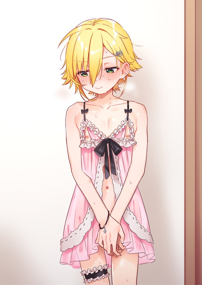 1boy blonde_hair blush cr-r green_eyes navel nijisanji nipples solo standing underwear uzuki_kou virtual_youtuber
