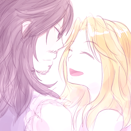 1girl black_hair blonde_hair chuiceturdz closed_eyes facial_hair gaol kid_icarus kid_icarus_uprising looking_at_another lowres magnus_(kid_icarus) nintendo simple_background sketch smile upper_body white_background