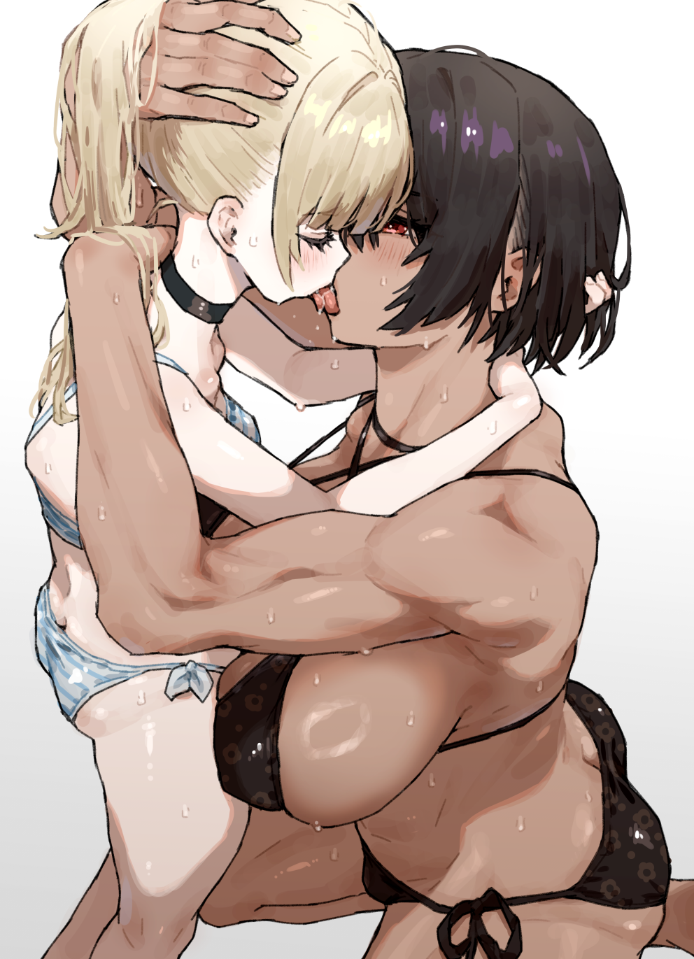 2girls age_difference blonde_hair breasts brown_hair dark-skinned_female dark_skin french_kiss hands_on_another&#039;s_thighs height_difference highres kei_(m_k) kiss large_breasts long_hair m_k multiple_girls onee-loli original ponytail rika_(m_k) short_hair simple_background size_difference standing swimsuit tall_female tomboy yuri