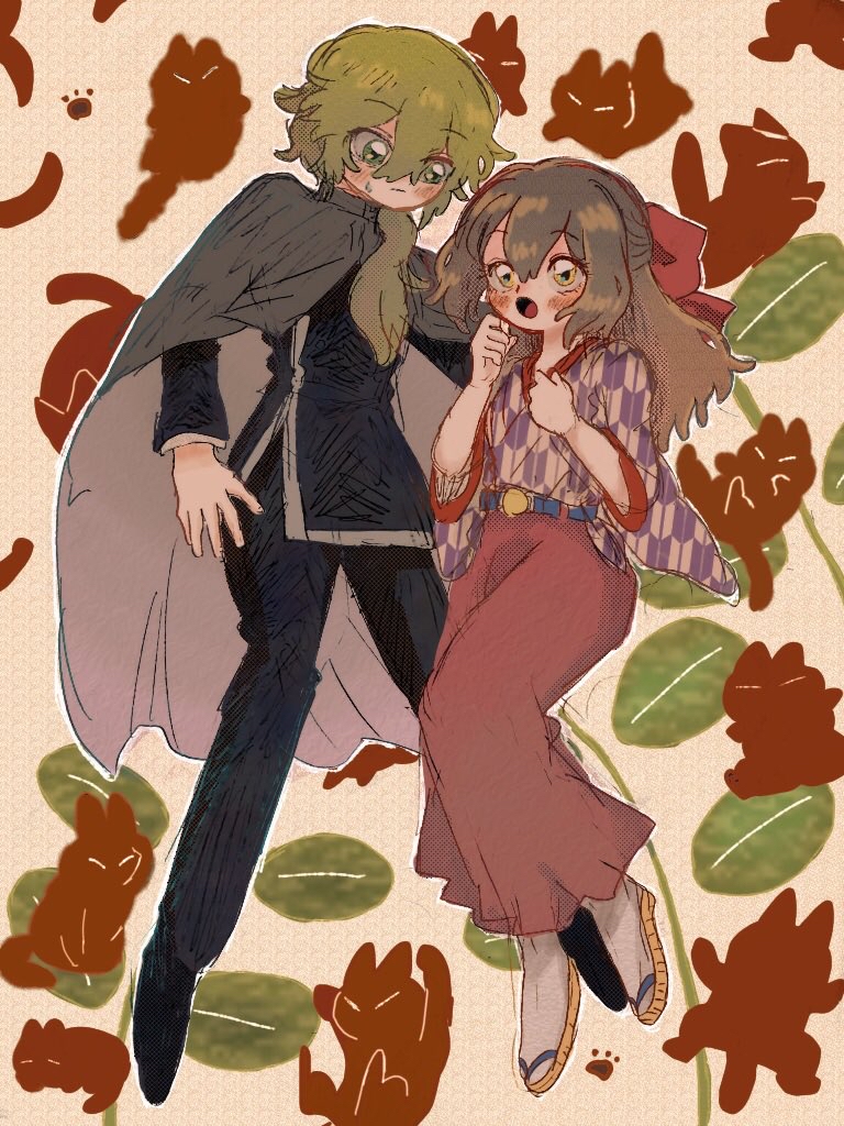 1boy 1girl animal_background ayazuki_mei belt belt_buckle black_cape black_footwear black_pants black_shirt black_sleeves blue_belt blush_stickers bow brown_hair buckle cape cat checkered_clothes checkered_kimono checkered_sleeves clenched_hands closed_mouth collared_cape commentary_request eye_contact eyelashes frown full_body green_eyes green_hair hair_between_eyes hair_bow hair_over_shoulder hakama height_difference hishida_shunsou japanese_clothes kimono leaf leaf_background long_hair long_sleeves looking_at_another low_ponytail meiji_tokyo_renka open_mouth outline pants ponytail purple_kimono purple_sleeves red_bow red_hakama sandals shirt shoes simple_background socks sugi_haeru sweatdrop three-quarter_sleeves two-sided_cape two-sided_fabric white_background white_cape white_outline white_socks wide_sleeves yellow_eyes yellow_sandals