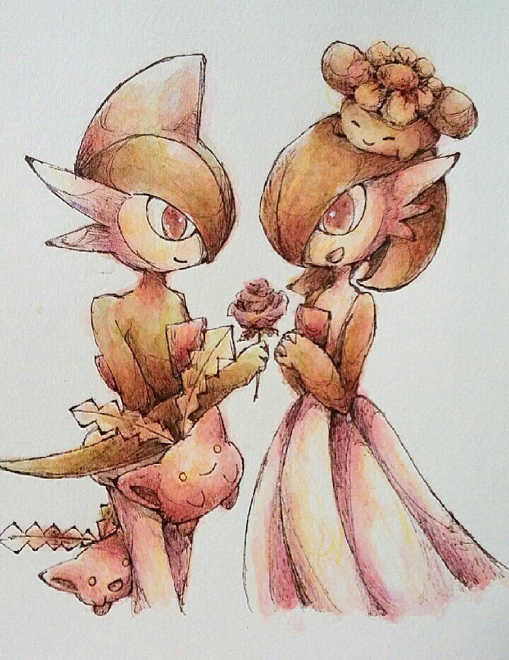 a26g8 bad_id bad_twitter_id bob_cut closed_eyes dress flower gallade gardevoir gen_2_pokemon gen_3_pokemon gen_4_pokemon green_hair grey_background hair_over_one_eye hoppip nintendo on_head pink_eyes pokemon pokemon_(creature) pokemon_on_head simple_background skiploom smile white_dress