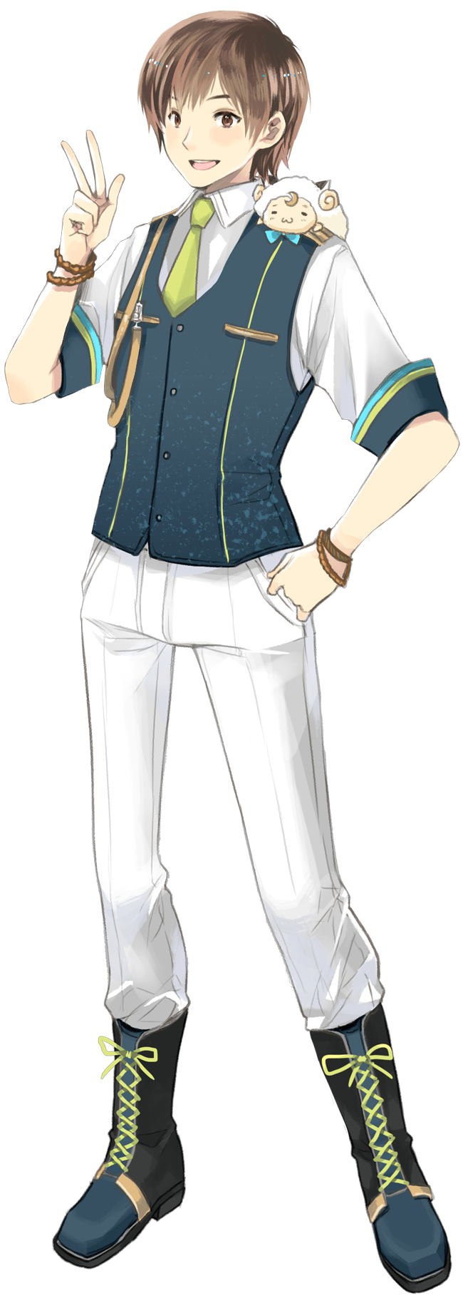 1boy :d amatsuki_(utaite) boots bow bowtie bracelet brown_eyes brown_hair chris4708 dress_shirt full_body hand_on_own_hip highres indie_utaite jewelry lace-up_boots looking_at_viewer male_focus mascot niconico on_shoulder open_mouth pants sheep shirt short_hair short_sleeves smile solo strap transparent_background uniform utaite vest w waistcoat white_pants
