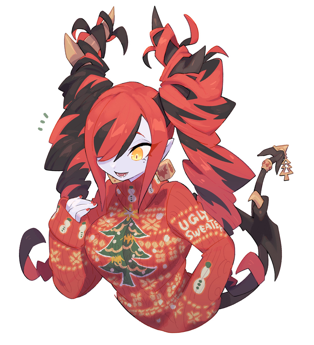 1girl asymmetrical_bangs asymmetrical_hair asymmetrical_horns black_hair black_horns black_tail black_wings breasts christmas christmas_tree christmas_tree_ornament christmas_tree_print colored_skin cropped_torso demon_girl demon_tail demon_wings dice dice_earrings drill_hair ear_ornament ear_piercing earrings fangs female_focus from_side gold_earrings gold_horns grey_skin hair_over_one_eye hand_up horns inu_fuji jewelry long_hair long_sleeves looking_down lower_teeth_only mammon_(inu_fuji) mole mole_under_eye multicolored_hair nail_polish notice_lines open_mouth original piercing pointy_ears red_hair red_nails red_sweater simple_background smile snowman snowman_print solo streaked_hair sweater tail tail_ornament tail_ring teeth turtleneck turtleneck_sweater twin_drills two-tone_hair ugly_sweater white_background wings yellow_eyes