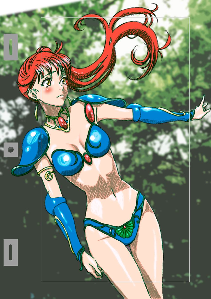 1girl armor asagiri_youko bikini bikini_armor blue_bikini blush breasts earrings floating_hair genmu_senki_leda highres ishihama_masashi jewelry looking_to_the_side navel orange_eyes pauldrons photo_background red_hair shoulder_armor side_ponytail small_breasts solo swimsuit vambraces
