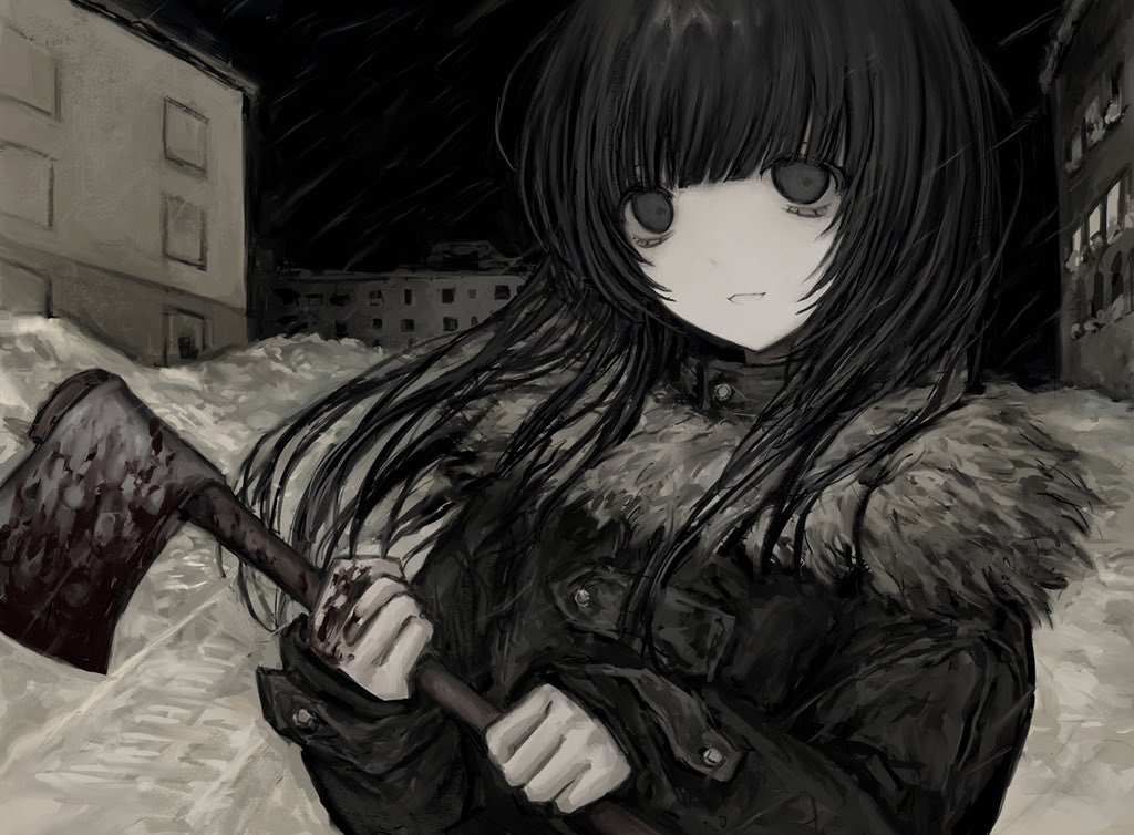 1girl axe black_eyes black_hair blood blood_on_hands blunt_bangs building chan8016 fur-trimmed_jacket fur_trim holding holding_axe implied_murder jacket long_hair muted_color original outdoors painterly pale_skin parted_lips smile snow tareme