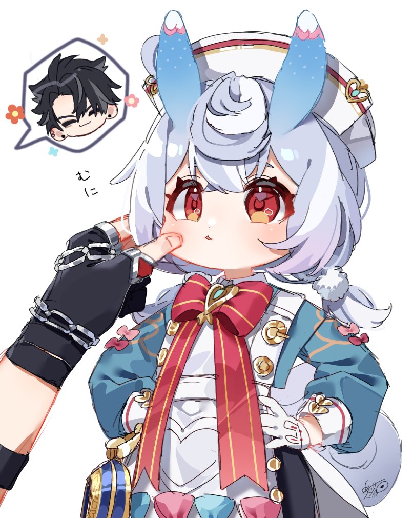 1boy 1girl ^_^ animal_ears apron aqua_bow aqua_shirt artist_name black_gloves black_hair blue_hair blush bow bowtie brooch buttons chain cheek_pinching chibi closed_eyes closed_mouth commentary_request crossed_bangs ear_piercing earrings eyelashes fingerless_gloves flower_symbol genshin_impact gloves gradient_hair grey_hair hair_between_eyes hair_ornament hands_on_own_hips hat jewelry long_sleeves low_twintails meda_cha medium_hair multicolored_hair nurse_cap parted_bangs parted_lips piercing pinching pink_bow pom_pom_(clothes) pom_pom_hair_ornament puffy_long_sleeves puffy_sleeves purple_hair red_bow red_bowtie red_eyes shirt short_hair sidelocks sigewinne_(genshin_impact) signature simple_background sleeve_cuffs smile solo_focus speech_bubble spoken_character streaked_hair tail twintails white_apron white_background white_gloves white_hat wriothesley_(genshin_impact)