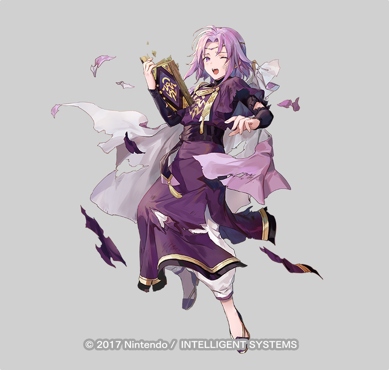 1boy aged_down azu-taro book cape child circlet fire_emblem fire_emblem:_the_sacred_stones fire_emblem_heroes flats full_body grey_background holding holding_book lyon_(fire_emblem) lyon_(grado&#039;s_gaze)_(fire_emblem) male_focus medium_hair nintendo official_art one_eye_closed open_book open_mouth purple_eyes purple_hair robe solo torn_cape torn_clothes