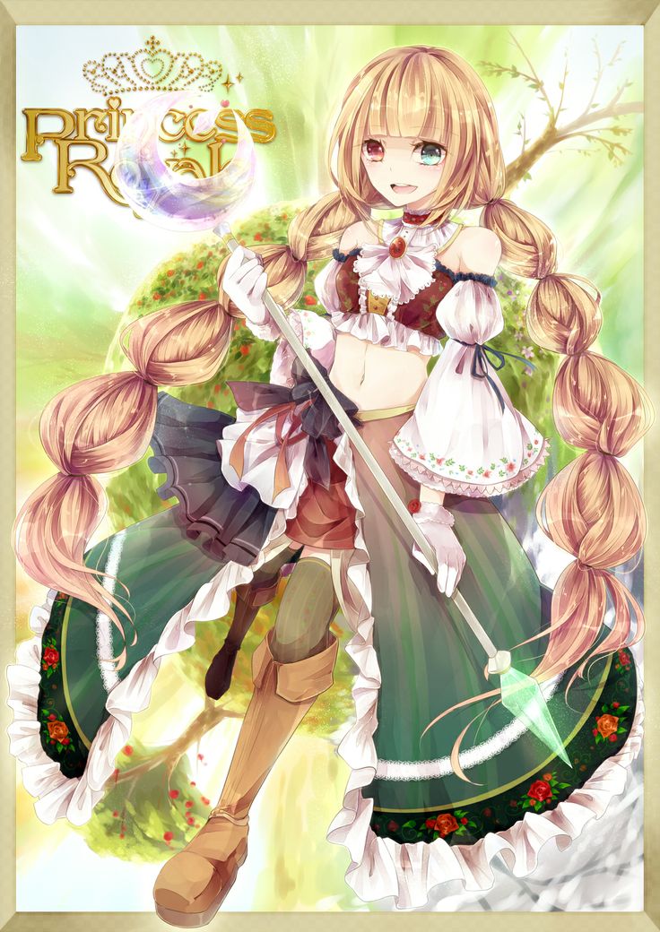 1girl bare_shoulders boots braid crescent detached_sleeves green_eyes heterochromia long_hair marushka_and_the_twelve_months midriff open_mouth patterned_legwear princess_royale red_eyes shain_roki smile staff striped_legwear twin_braids vertical-striped_legwear very_long_hair
