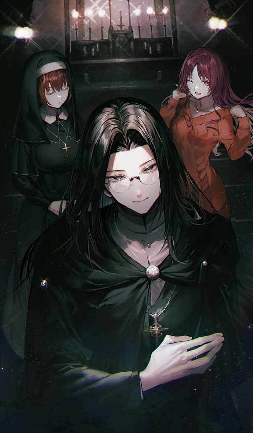 1boy 2girls ;d albino_(a1b1n0623) bishounen black_cape black_dress black_eyes black_hair black_jacket breasts brown_hair buttons cape christianity closed_eyes closed_mouth commentary_request cross cross_necklace curtained_hair diffraction_spikes dress dutch_angle fate/grand_order fate_(series) fumizuka_eiri glasses guimpe hand_in_own_hair high_collar indoors jacket jewelry kumano_onsen_satsujin_jiken latin_cross long_hair long_sleeves looking_at_viewer mahou_tsukai_no_yoru male_focus multiple_girls necklace nun official_art one_eye_closed open_mouth orange_dress orange_sweater parted_bangs purple_eyes red_hair round_eyewear shirt short_hair siblings sidelocks sisters smile standing suse_ritsuka suse_yuika sweater sweater_dress third-party_source traditional_nun v-neck white_shirt wimple