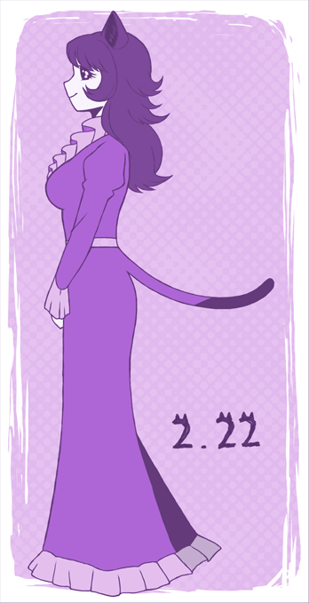 1girl animal_ears belt between_legs breasts cat_ears cat_tail closed_mouth cyborg cyborg_009 dress full_body hand_between_legs looking_at_another madame_(cyborg_009) medium_breasts monochrome norakura-promenade purple_eyes simple_background smile solo tail