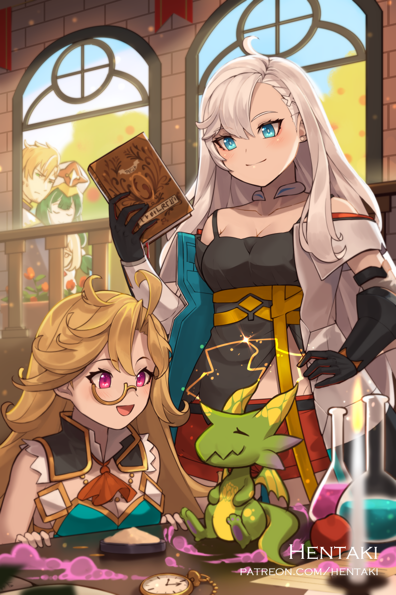 2boys 3girls ahoge alchemy artist_name black_gloves black_shirt blonde_hair blue_eyes blush book breasts candle cleavage closed_eyes commentary cowboy_shot curran_(dragalia_lost) dragalia_lost dragon eavesdropping english_commentary flask gloves green_hair hand_on_own_hip hentaki highres hildegarde_(dragalia_lost) holding holding_book ilia_(dragalia_lost) lab_coat long_hair medium_breasts midriff_peek multiple_boys multiple_girls patreon_username pink_eyes pocket_watch red_shorts shirt short_hair shorts silver_hair sinoa smile sparkle sunlight tobias_(dragalia_lost) upper_body volumetric_flask watch watermark web_address window