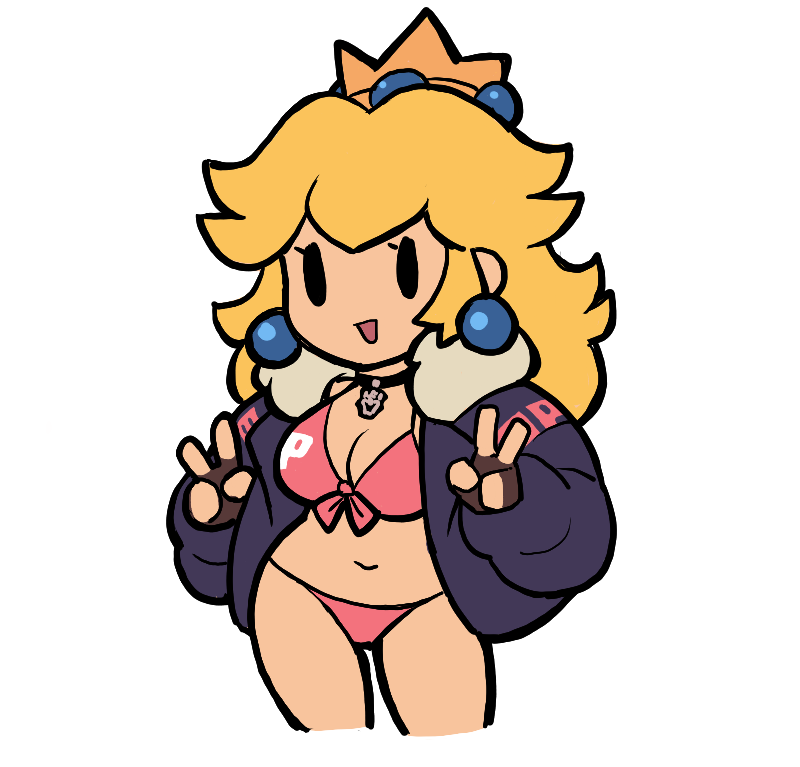 1girl :d bikini black_choker black_eyes blank_eyes blonde_hair blue_jacket bowser_logo breasts choker cleavage contrapposto cropped_legs crown double_v earrings eyelashes front-tie_bikini_top front-tie_top fur-trimmed_jacket fur_trim hands_up heiyuu! jacket jewelry long_hair looking_at_viewer mario_(series) medium_breasts navel nintendo no_nose open_clothes open_jacket open_mouth paper_mario pendant_choker pink_bikini princess_peach ribbon simple_background smile swimsuit thighs v white_background