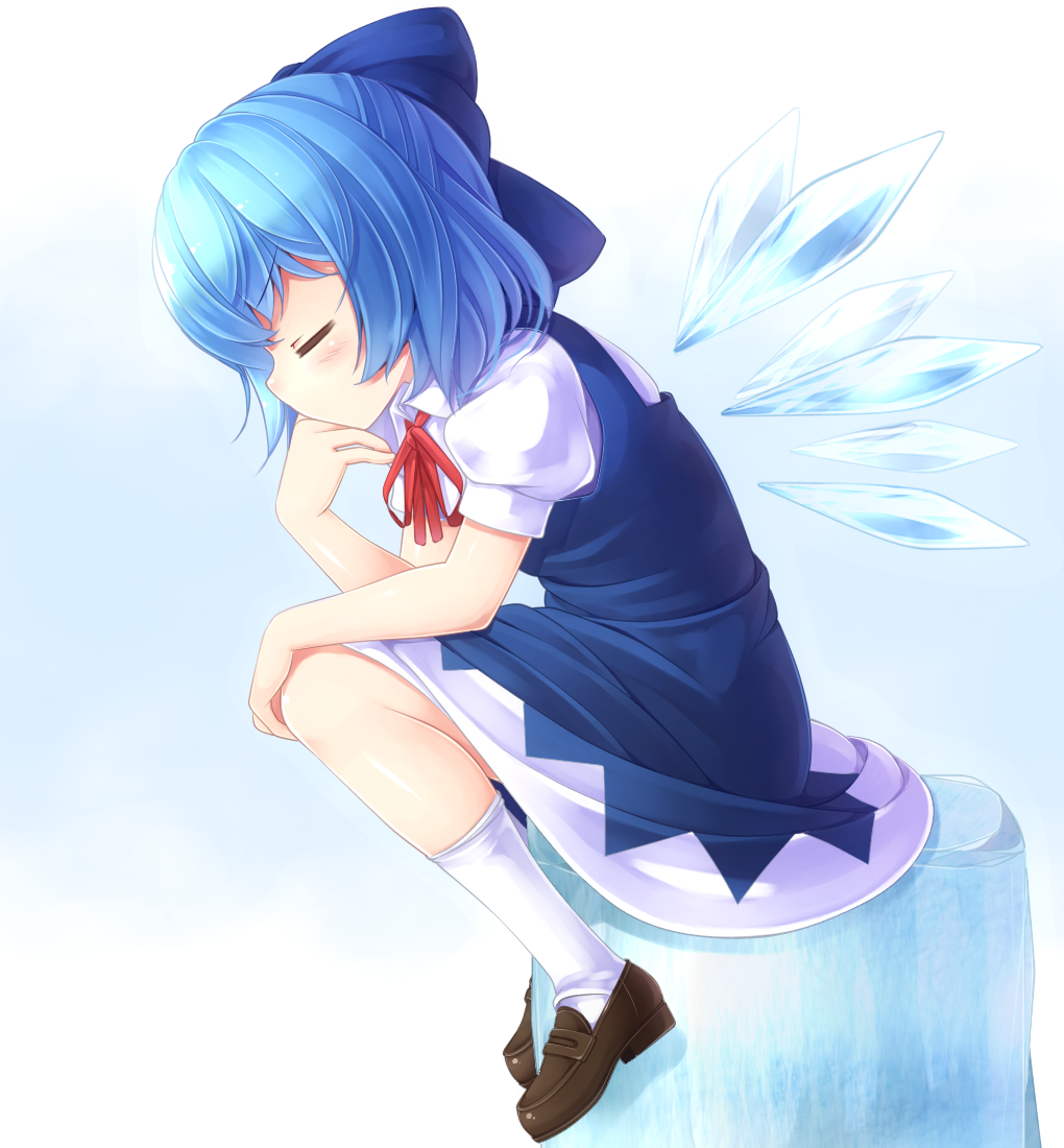 1girl blue_hair blush bow cirno closed_eyes commentary dress female_focus fine_art_parody hair_bow komimiyako komitsu loafers parody profile shoes short_hair sitting solo the_thinker thinking touhou wings