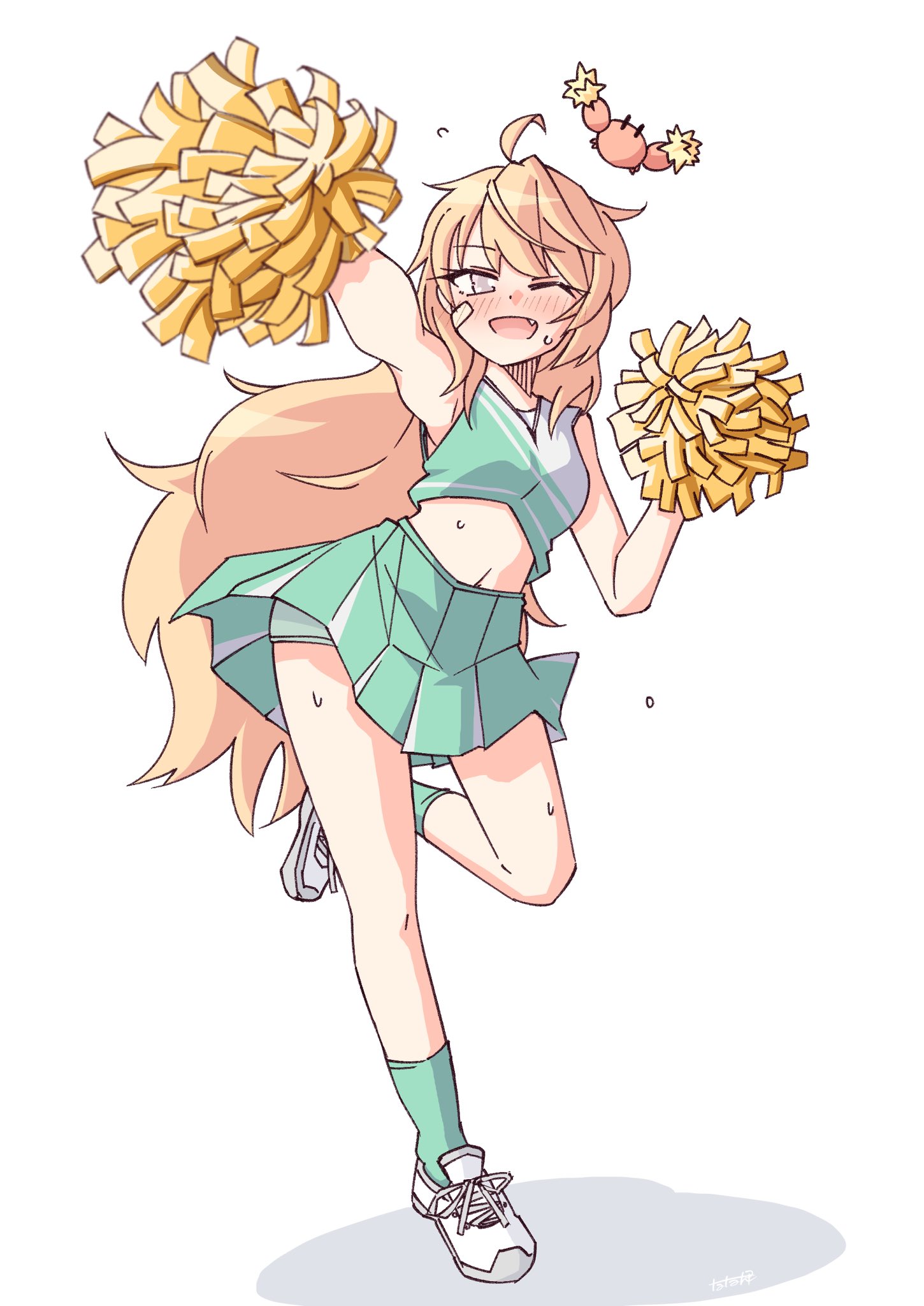 1girl alternate_costume alternate_hair_color alternate_hair_length alternate_hairstyle bandaid bandaid_on_face blonde_hair blush crab green_shirt green_skirt grey_eyes highres holding holding_pom_poms kantai_collection long_hair looking_at_viewer midriff navel nose_blush oboro_(kancolle) one_eye_closed pleated_skirt pom_pom_(cheerleading) pom_poms shirt shoes shorts shorts_under_skirt skirt sleeveless sleeveless_shirt standing standing_on_one_leg sweat tatahai white_background white_shoes
