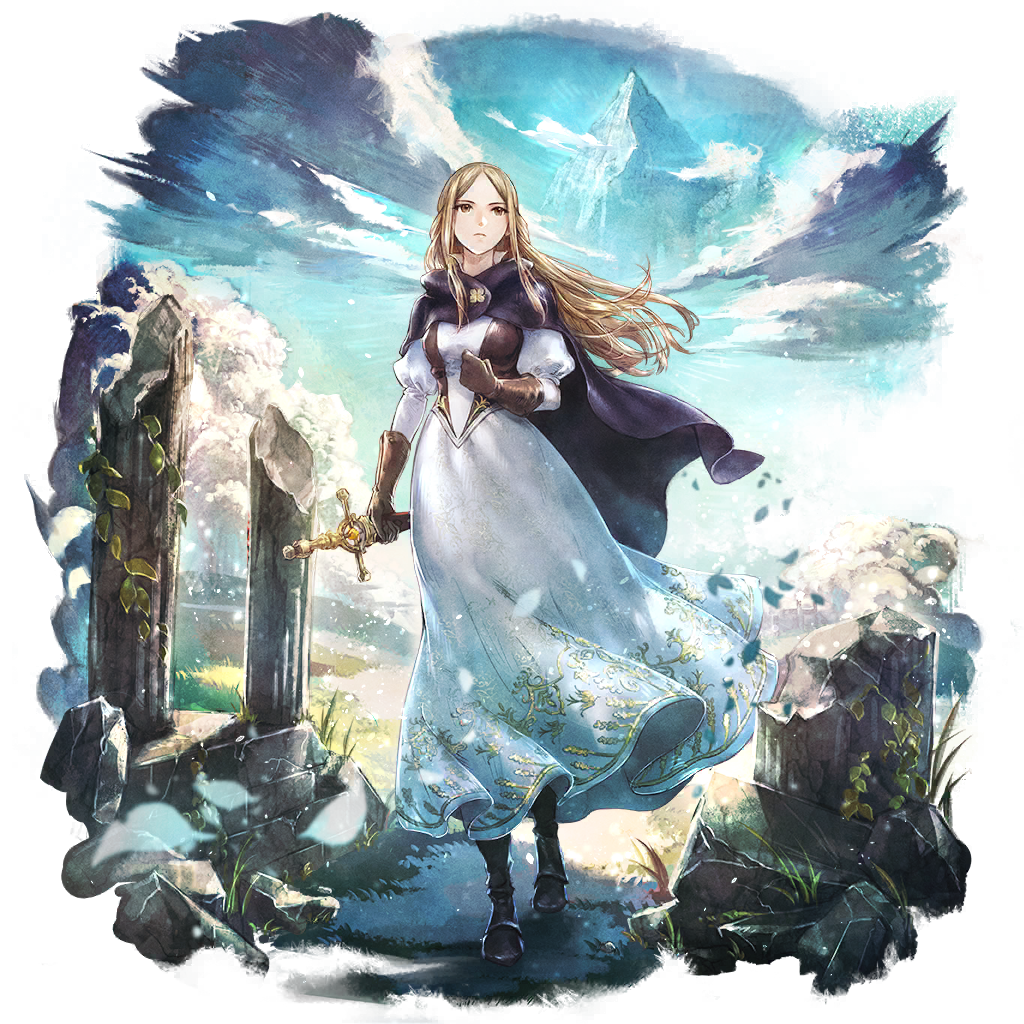 1girl blonde_hair bravely_default_(series) bravely_default_ii brown_eyes crossover gloria_neu_musa long_hair octopath_traveler octopath_traveler:_champions_of_the_continent official_art outdoors solo