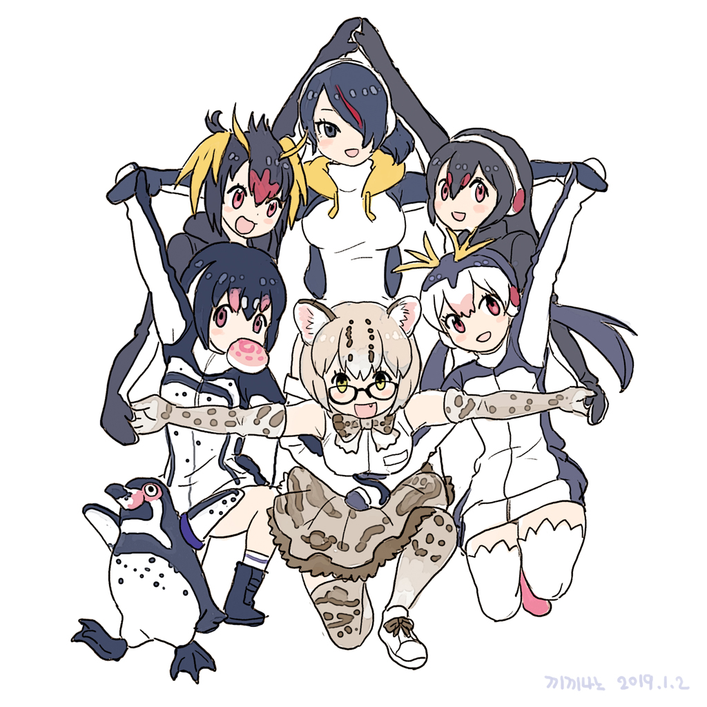 10s 6+girls :d animal_ear_fluff animal_ears animal_print bird black_eyes black_hair blonde_hair bow bowtie cat_ears commentary_request dated elbow_gloves emperor_penguin_(kemono_friends) fang food gentoo_penguin_(kemono_friends) gloves grape-kun hair_over_one_eye headphones holding_hands hood hood_down hooded_jacket humboldt_penguin humboldt_penguin_(kemono_friends) jacket japari_bun kemono_friends korean_commentary long_hair looking_at_viewer margay_(kemono_friends) mouth_hold multicolored_hair multiple_girls on_one_knee open_mouth outstretched_arms penguin photo-referenced pink_eyes print_gloves print_legwear print_neckwear print_skirt red_eyes rockhopper_penguin_(kemono_friends) roonhee royal_penguin_(kemono_friends) shirt short_hair simple_background skirt sleeveless sleeveless_shirt smile spread_arms thighhighs white_background white_hair white_legwear yellow_eyes