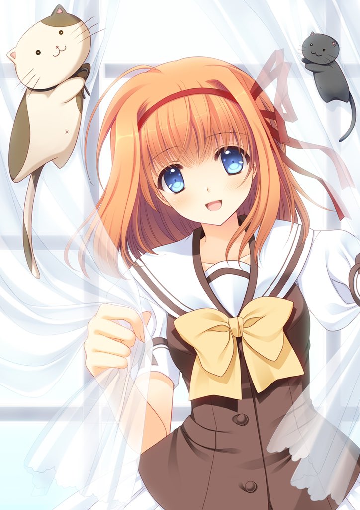 1girl black_cat blue_eyes bow brown_shirt cat commentary_request curtains fuyou_kaede hair_ribbon national_verbena_academy_school_uniform nishimata_aoi orange_hair red_ribbon ribbon sailor_collar school_uniform shirt short_hair shuffle! smile solo upper_body white_sailor_collar yellow_bow
