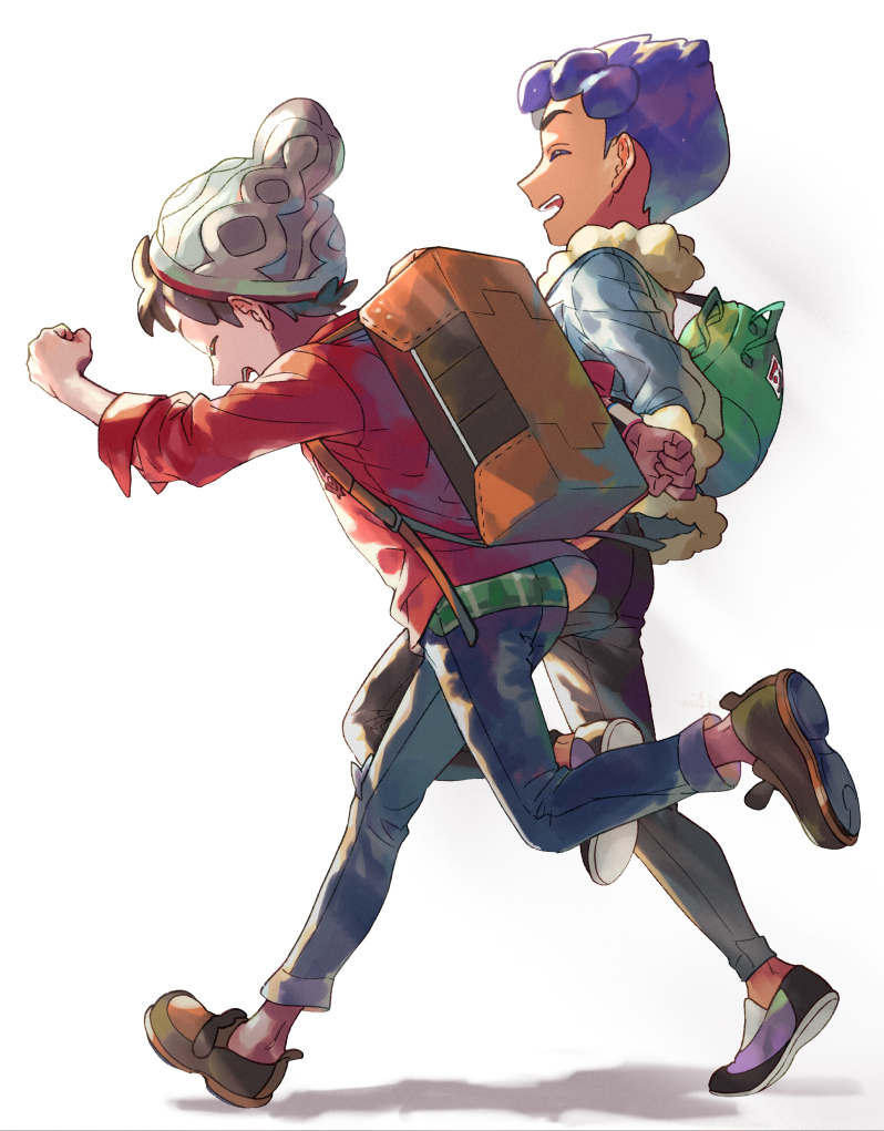 2boys :d bag beanie black_shirt blue_jacket brown_footwear brown_hair cable_knit closed_eyes colorized commentary_request dark-skinned_male dark_skin denim duffel_bag fur-trimmed_jacket fur_trim green_bag grey_headwear hat hop_(pokemon) jacket jeans leg_up male_focus misumi4ja multiple_boys nintendo open_mouth pants plaid pokemon pokemon_swsh purple_hair red_shirt running shirt shoes short_hair sleeves_rolled_up smile suitcase suruga_dbh teeth torn_clothes torn_jeans torn_pants upper_teeth_only victor_(pokemon) |d