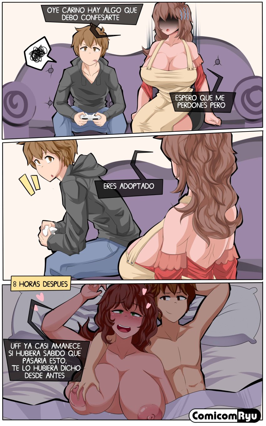 1boy 1girl adopted adoptive after_(game) afterglow aftersex bed breasts comicom-ryu controller game hetero highres honky huge_breasts implied incest large_breasts mature_female nude playing sex son spanish_text spoken_squiggle squiggle translation_request video_game