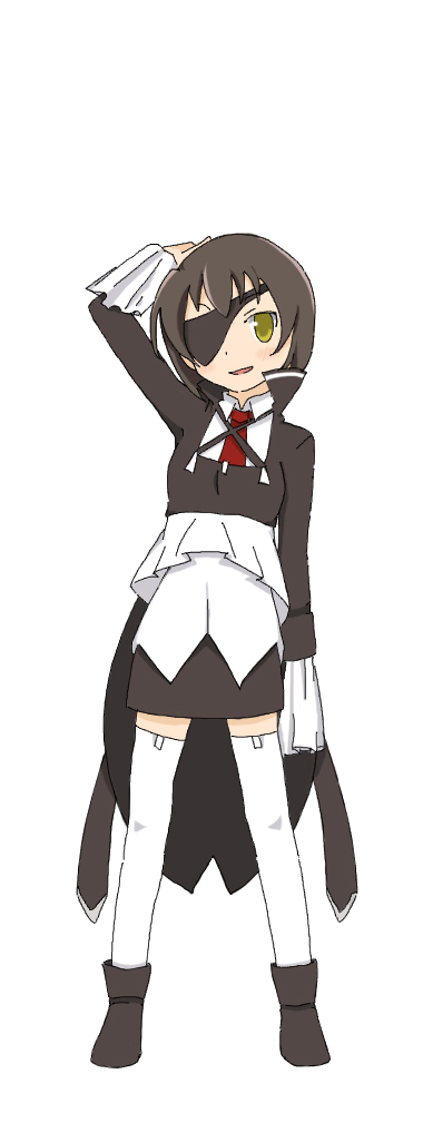 10s 1girl arm_up brown_hair eyepatch female_focus kure_kirika llio long_sleeves mahou_shoujo_madoka_magica mahou_shoujo_oriko_magica necktie official_style red_necktie scratching_head short_hair simple_background sleeves_past_wrists smile solo standing thighhighs underbust white_background white_thighhighs zettai_ryouiki