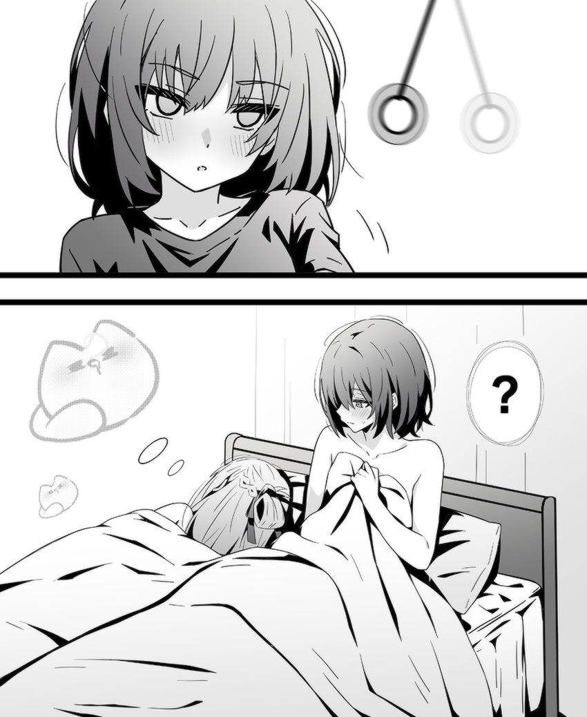 2girls ? blush cat commentary greyscale hypnosis indoors lwmina70119 medium_hair mind_control miyagi_shiori monochrome multiple_girls nude on_bed parted_lips pillow sendai_hazuki shuuniichido_classmate_wo_kau_hanashi spoken_question_mark sweatdrop under_covers yuri
