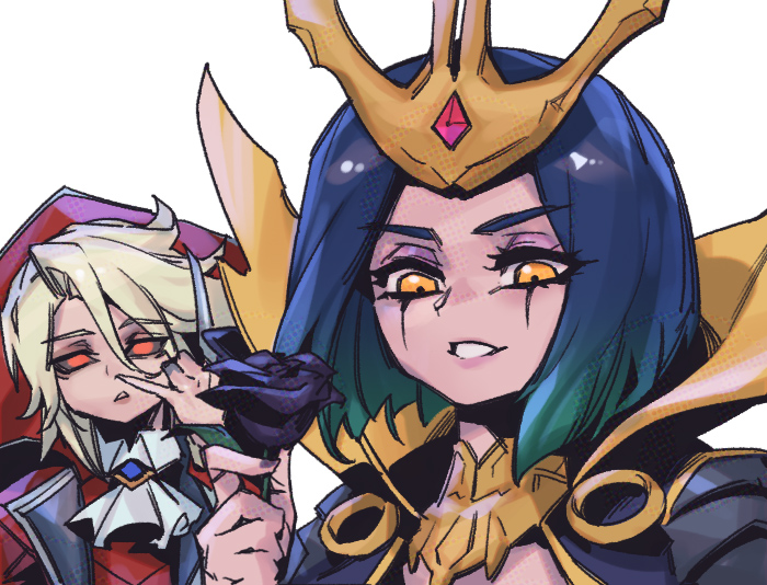 1boy 1girl black_flower black_hair black_nails black_rose black_sclera colored_sclera commentary fingernails flower hair_ornament holding holding_flower jacket league_of_legends leblanc_(league_of_legends) looking_at_viewer makeup medium_hair phantom_ix_row red_eyes red_jacket rose short_hair simple_background smile symbol-only_commentary upper_body vampire vladimir_(league_of_legends) white_background white_hair yellow_eyes