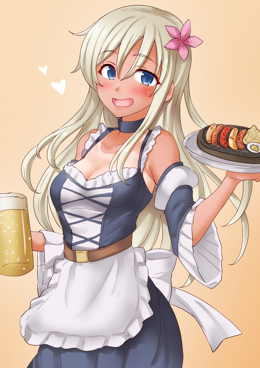 1girl alcohol anti_(untea9) apron barmaid beer beer_mug black_dress blonde_hair blue_eyes breasts cup dirndl dress flower food german_clothes gradient_background hair_flower hair_ornament highres holding holding_cup kantai_collection long_hair looking_at_viewer medium_breasts mug oktoberfest open_mouth plate ro-500_(kancolle) sausage smile solo tan tanline underbust waist_apron waitress yellow_background