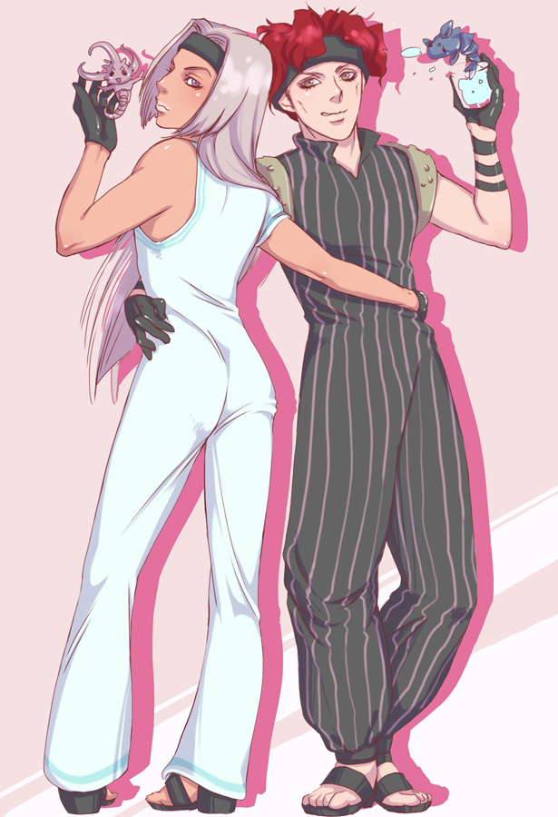2boys clash_(stand) dark_skin dark-skinned_male headband hentaimaturi jojo_no_kimyou_na_bouken long_hair multiple_boys red_hair sandals squalo stand_(jojo) talking_head_(stand) tiziano white_hair