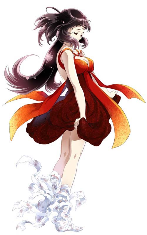 1girl bandages belial belial_(wild_arms) black_hair breasts cleavage clothes_grab dress dress_grab female_focus kneepits long_hair official_art ooba_wakako red_skirt skirt skirt_grab skirt_hold solo source_request white_background wild_arms wild_arms_4