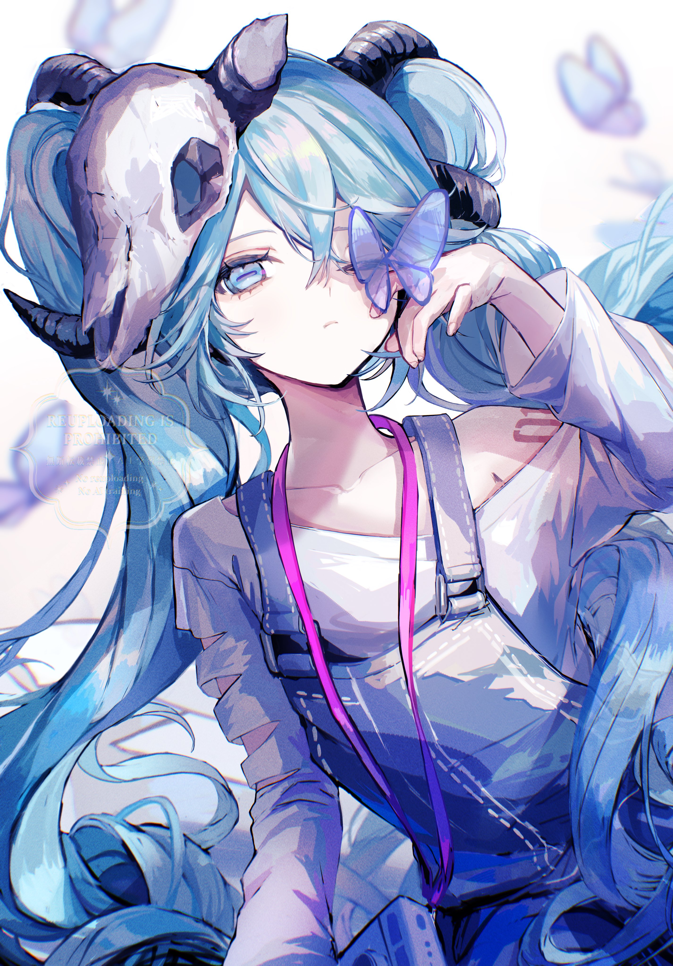 1girl ;( absurdres alternate_costume animal_skull animal_skull_ornament black_horns blue_eyes blue_hair blue_overalls blurry bug butterfly closed_mouth collarbone commentary_request commission costume_request frown goat_horns hand_up hatsune_miku highres horizontal_pupils horns insect kemonomimi_mode lanyard long_hair long_sleeves looking_at_viewer one_eye_closed overalls pipi_(pipinavigation) shirt skeb_commission solo twintails upper_body vocaloid watermark white_background white_shirt