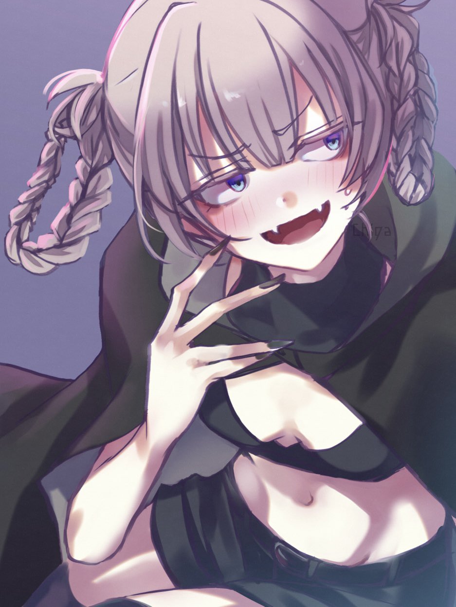 1girl black_cloak black_shorts black_tank_top blue_eyes blunt_bangs chi119 cleavage_cutout cloak clothing_cutout crop_top hair_rings highres hood hooded_cloak light_purple_hair midriff nanakusa_nazuna_(yofukashi_no_uta) short_shorts shorts sleeveless sleeveless_turtleneck sleeveless_turtleneck_crop_top solo tank_top turtleneck turtleneck_crop_top vampire yofukashi_no_uta