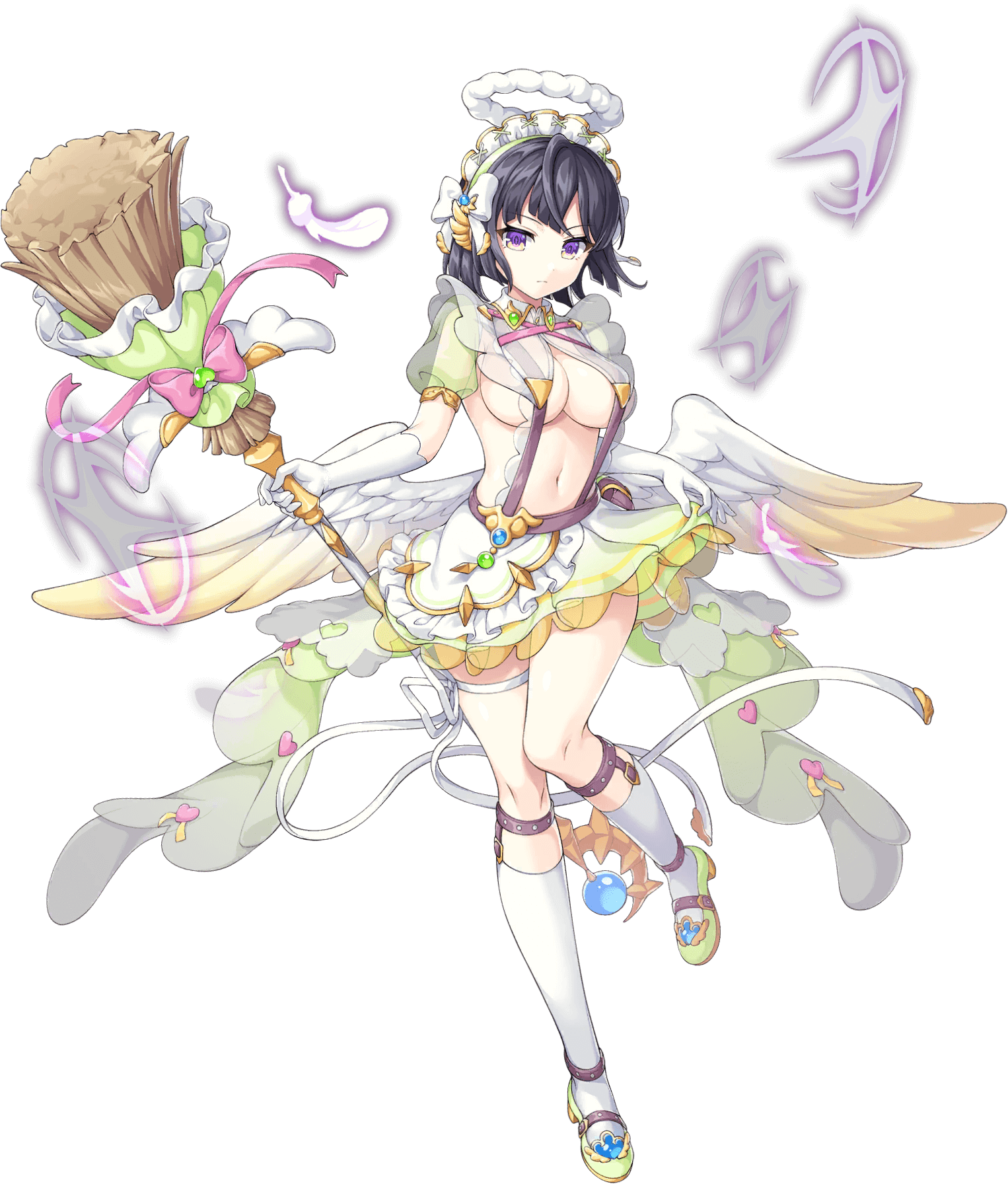 1girl angel artist_request black_hair bow breasts broom falling_feathers feathered_wings feathers four-pointed_star full_body game_cg heart helmy highres holding holding_broom legend_clover maid_headdress navel official_alternate_costume official_art pink_bow purple_eyes short_hair skirt solo third-party_source transparent_background wings