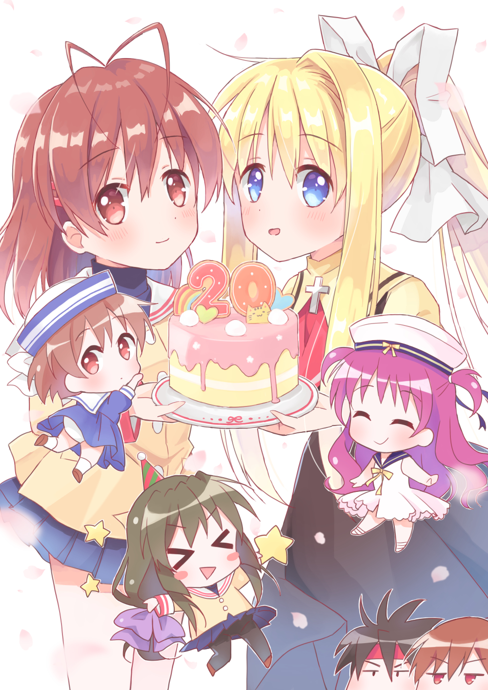 &gt;_&lt; 2021 2boys 5girls ^_^ air_(visual_novel) antenna_hair black_dress black_hair blonde_hair blue_eyes blue_sailor_collar blue_skirt blush blush_stickers bow brown_eyes brown_hair cake character_print chibi chibi_inset clannad closed_eyes closed_mouth commentary_request company_connection cowboy_shot cross crossover dated_commentary doruji dress falling_petals food furukawa_nagisa hair_between_eyes hair_bow hair_ornament hair_ribbon hairclip happy haruchimo hat heart highres hikarizaka_private_high_school_uniform holding holding_tray ibuki_fuuko inohara_masato jacket jitome kamio_misuzu katou_umi key_(company) little_busters! long_hair looking_at_viewer low-tied_long_hair medium_hair miniskirt multiple_boys multiple_crossover multiple_girls natsume_kyousuke okazaki_ushio open_mouth petals pleated_skirt ponytail purple_bow purple_hair ribbon sailor_collar sailor_dress sailor_hat school_uniform shirt short_hair sidelocks simple_background single_hair_intake skirt smile standing star_(symbol) summer_pockets tareme tray turtleneck two_side_up v-shaped_eyebrows very_long_hair white_background white_dress white_headwear white_ribbon white_sailor_collar yellow_jacket yellow_shirt