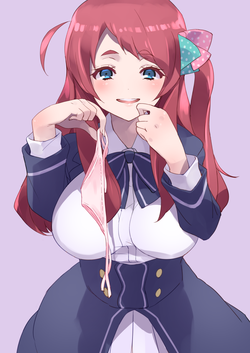 1girl :d blue_bow blue_bowtie blue_eyes blush bow bowtie breasts coveredcore hair_ribbon hands_up highres holding holding_panties holding_underwear holding_unworn_clothes large_breasts long_hair looking_at_viewer minamoto_sakura naughty_face one_side_up open_mouth panties pink_panties polka_dot polka_dot_ribbon purple_background red_hair ribbon school_uniform serafuku shirt side_ahoge simple_background smile solo underwear very_long_hair white_shirt zombie_land_saga
