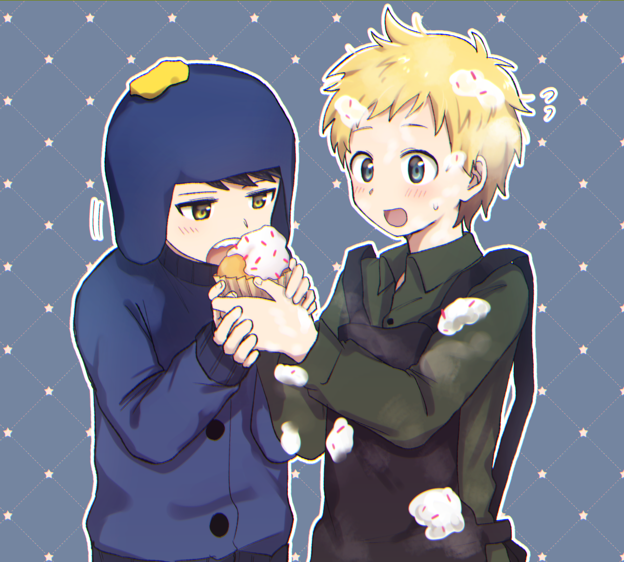 2boys animification apron black_hair blonde_hair blue_background blush chullo collared_shirt craig_tucker cupcake eating flying_sweatdrops food food_on_clothes green_eyes holding holding_food icing imminent_bite jacket long_sleeves male_focus multiple_boys open_mouth shirt short_hair smile south_park star_(symbol) star_symbol_background sweat tohachi tweek_tweak yellow_eyes