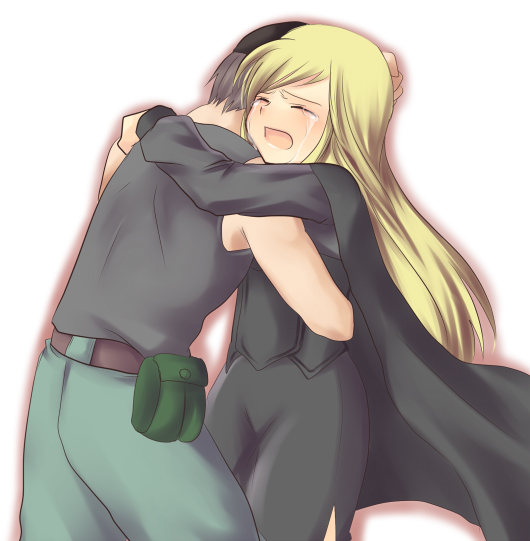 00s 1boy 1girl black_shirt blonde_hair brown_hair hat hetero higurashi_no_naku_koro_ni hug long_hair matsuribayashi-hen shirt spoilers takano_miyo tears tomitake_jirou