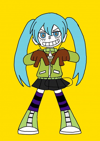 1girl black_skirt brown_gloves cable chibi chibi_only commentary double_v english_commentary facepaint full_body gloves green_footwear green_jacket hatsune_miku headphones jacket jojelynaryap looking_at_viewer matryoshka_(vocaloid) multicolored_eyes pleated_skirt simple_background skirt smile solo striped_clothes striped_thighhighs teeth thighhighs track_jacket twintails v vocaloid yellow_background zipper