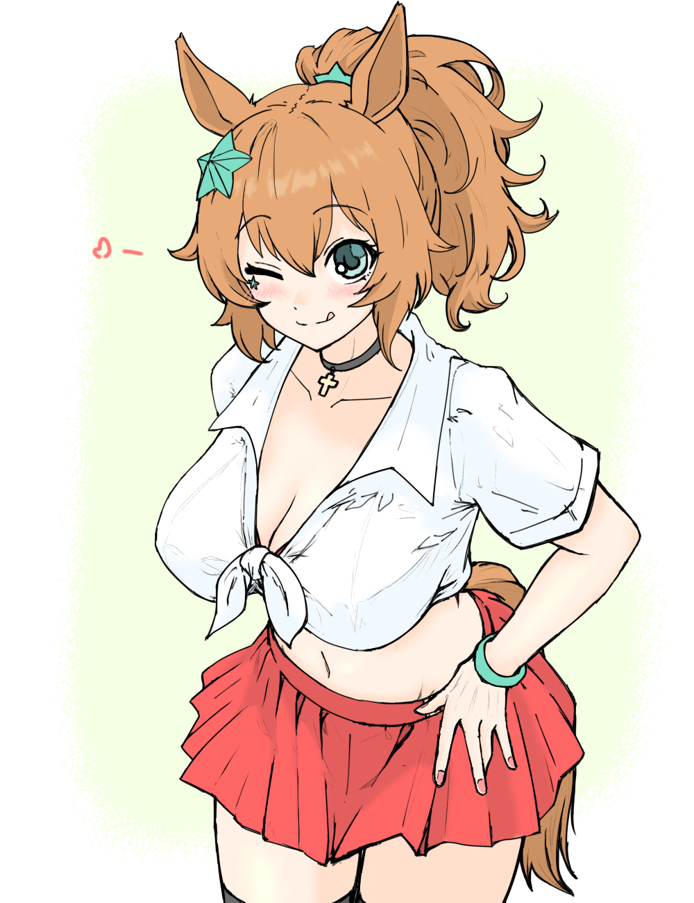1girl :p alternate_costume amesuku_gyaru animal_ears black_choker black_thighhighs blue_eyes blush border bracelet breasts brown_hair choker cleavage collared_shirt commentary_request cowboy_shot facial_tattoo green_background grin gyaru hair_ornament hand_on_own_hip heart highres horse_ears horse_girl horse_tail ichimisan jewelry kogal large_breasts long_hair looking_at_viewer navel one_eye_closed pendant_choker pleated_skirt ponytail red_skirt shirt short_sleeves skirt smile solo star_(symbol) star_hair_ornament stomach taiki_shuttle_(umamusume) tail tattoo thighhighs tied_shirt tongue tongue_out umamusume white_border white_shirt
