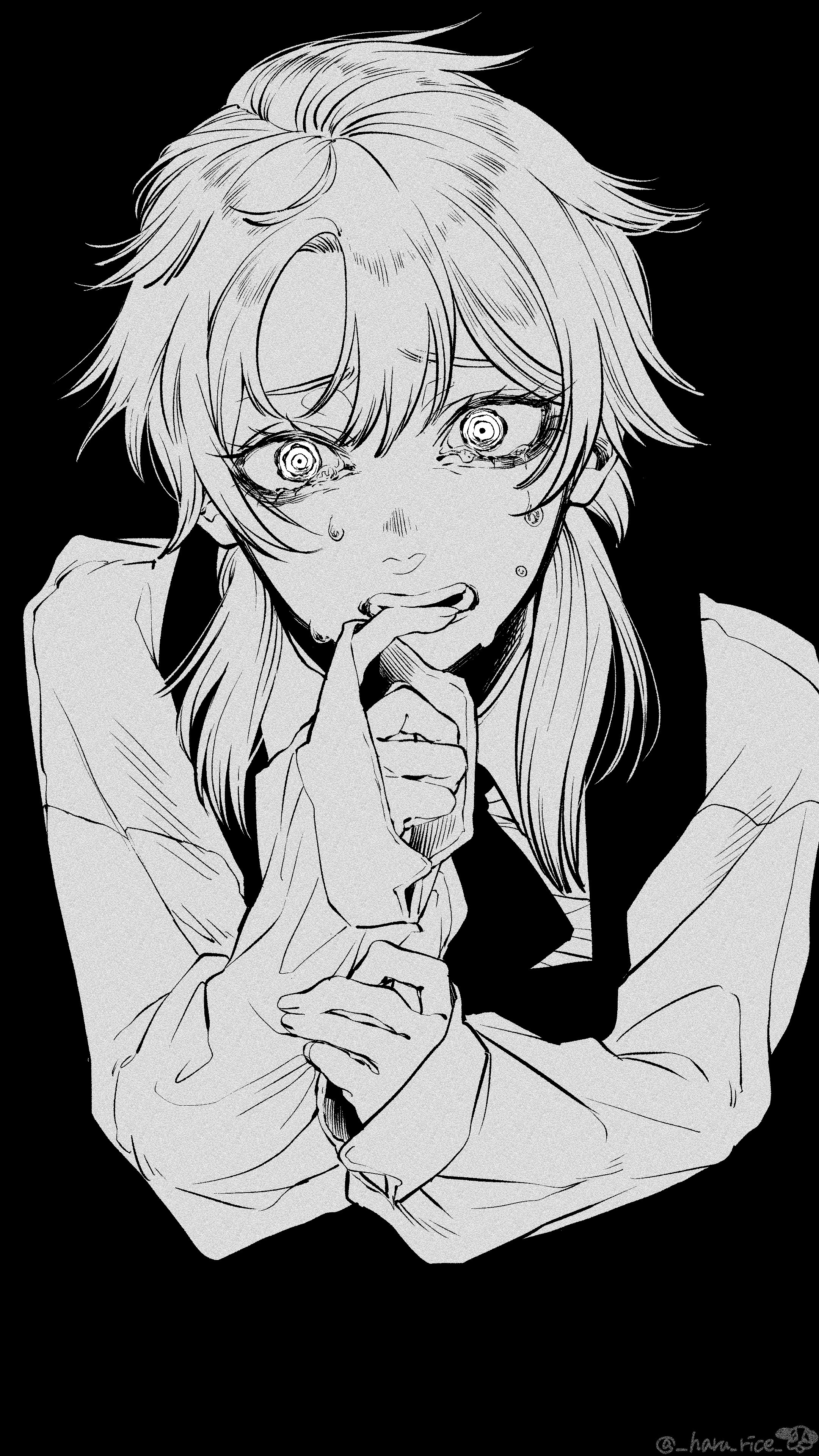 1girl absurdres biting_own_finger chainsaw_man collared_shirt commentary_request crying crying_with_eyes_open death_devil_(chainsaw_man) dress fourth_east_high_school_uniform greyscale haru_rice highres looking_at_viewer medium_hair messy_hair monochrome pinafore_dress ringed_eyes school_uniform shirt sleeveless sleeveless_dress solo tears